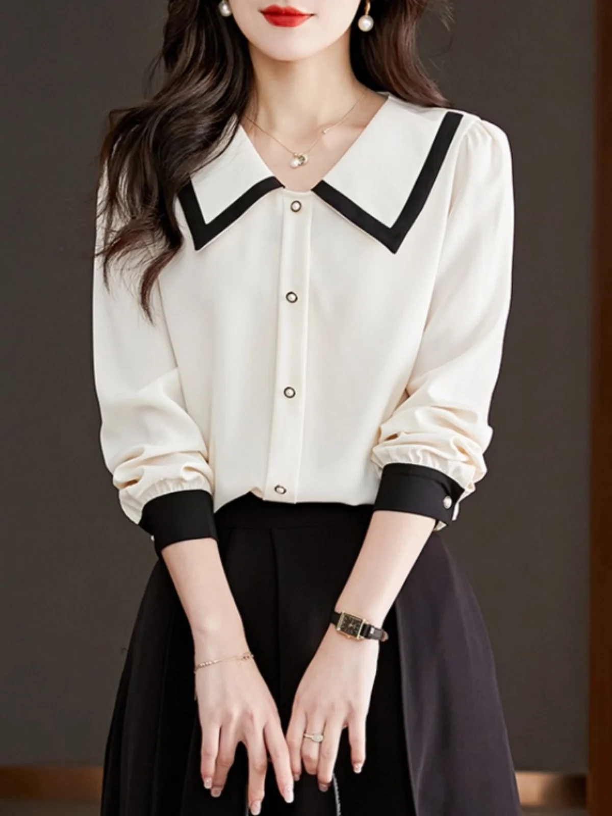 

Женская блузка Ele Doll Collar: модный дизайн, премиум-качество, элегантность, для офиса и повседневной носки, длинный рукав.