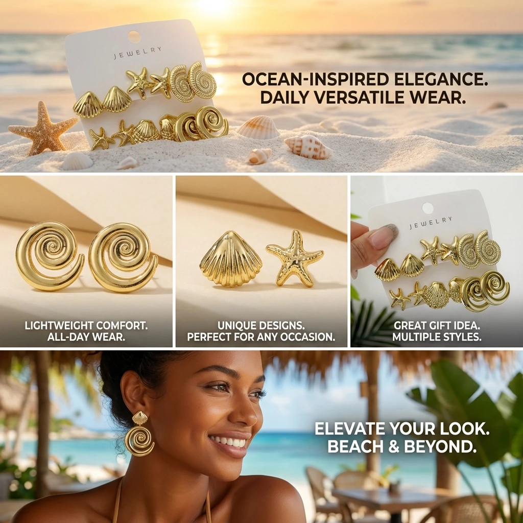 3 Pairs Gold Starfish Shell Stud Earrings for Women