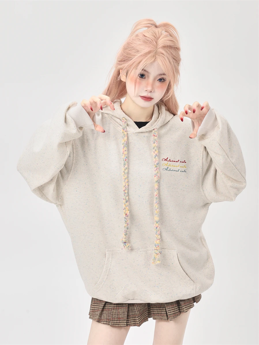 Pullover women's solid color letter printing loose fashion spring and autumn color dot flower gray sweater hooded design sense