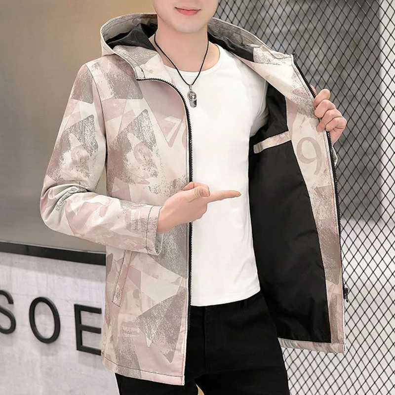 Fashion Hooded Spliced Zipper All-match Printed Coats Men's Clothing 2023 Autumn New Oversized Casual Tops Loose Korean Jackets