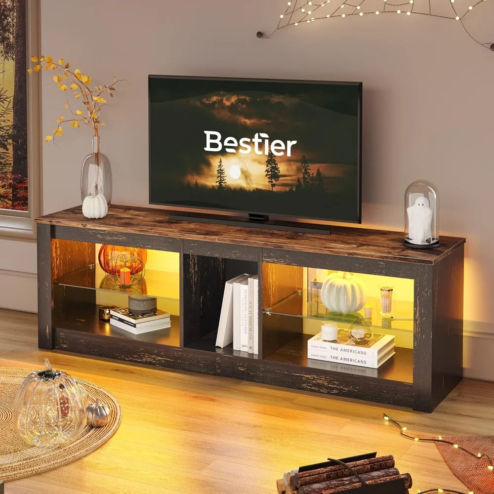 

RGB TV Stand for 65+ Gaming Entertainment Center Gaming LED TV Media Console Table with 2 Glass Shelf PS Gaming TV Cabinet for