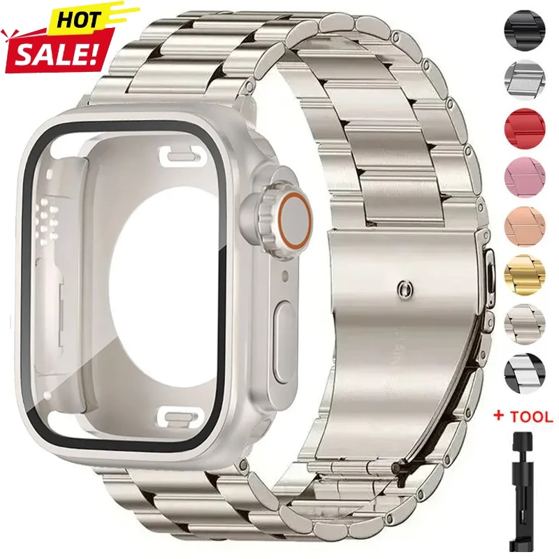 Glasgehäuse + Metall-Edelstahlarmband für Apple Watch S11 S10 42mm 46mm 45mm 44mm 41mm 40mm iWatch Serie 11 10 9 8 7 6 5 4 SE