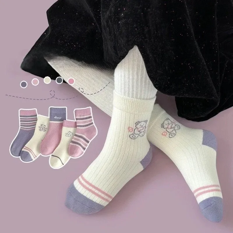 5 Pairs of Cotton Comfortable Soft Striped Socks for Girls Purple Baby Teddy Bear Socks for Everyday Life