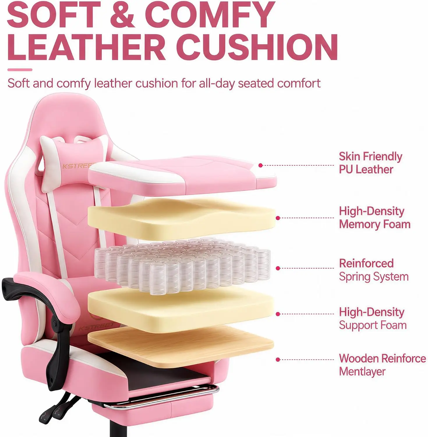 Ergonomic High Back Gaming Chair with Footrest, Lumbar Support, Pocket Spring Cushion, Swivel Office Desk Chair for Adults view 4