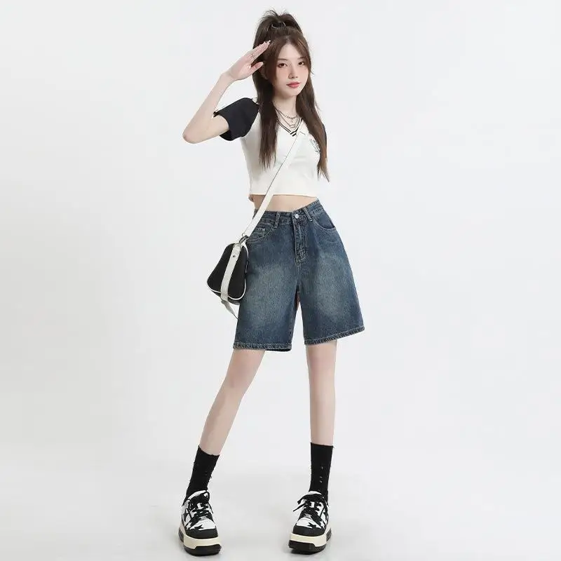 

Summer Retro Blue Denim Shorts Women Five Quarter Pants Straight Leg Loose High Waisted Slimming All Matching Medium Pants Tide