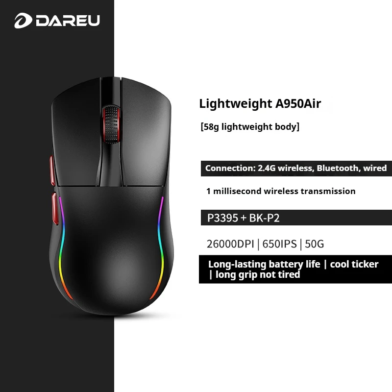 

Беспроводная мышь Dareu A950 Air Gamer, 2 режима, 30000 точек на дюйм, Aim-750u, 8 КБ, Bluetooth-мышь, легкие игровые мыши, индивидуальный ПК, офисные подарки