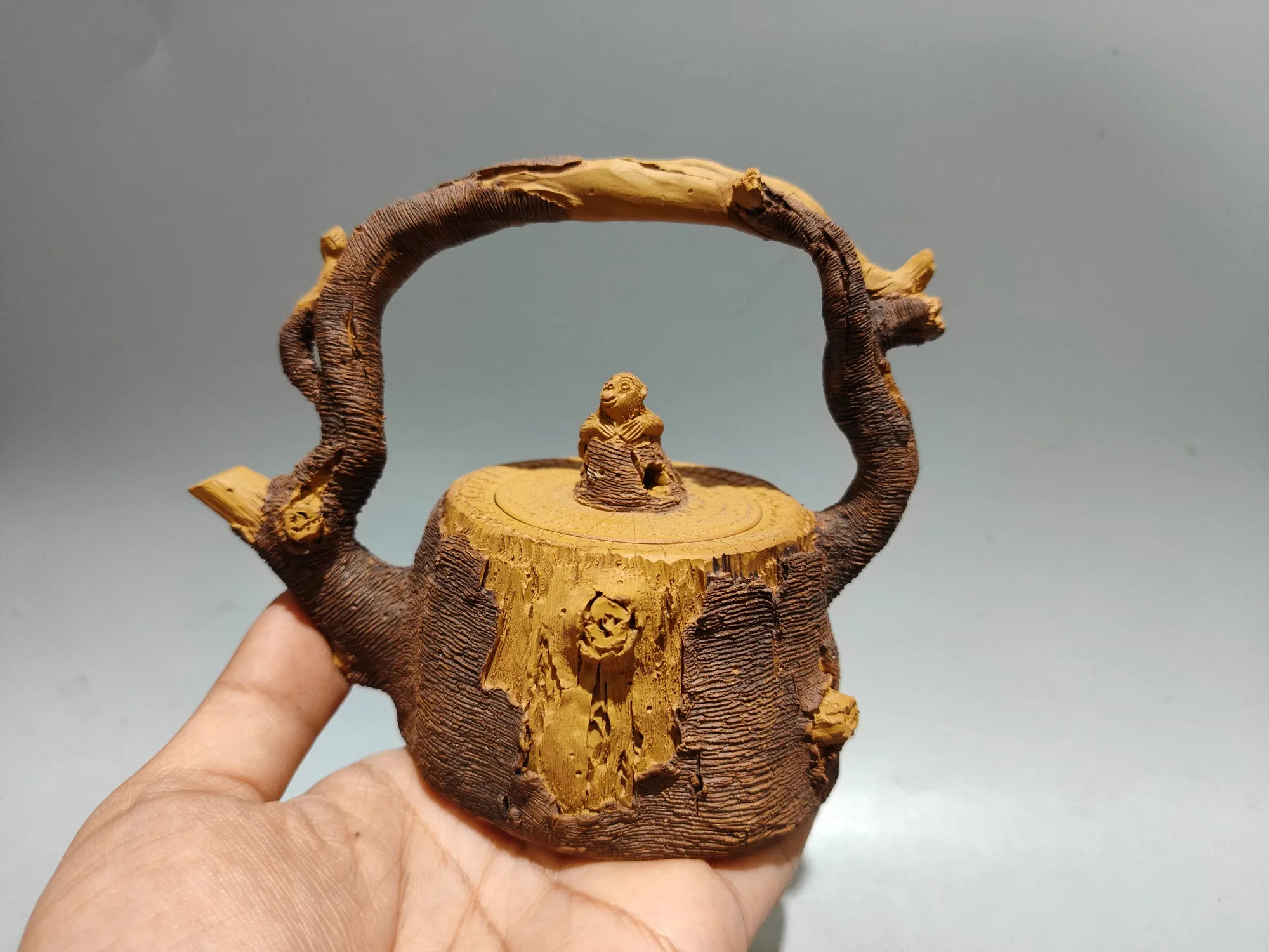 5'Xizang Folk Yixing Purple Clay Teapot Goddess Tree Stump Bark Shape Monkey Statue Kettle Teapot Flagon Ornaments