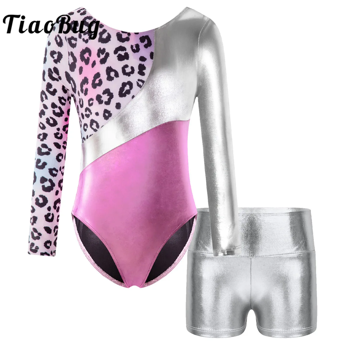 

Long Sleeve Ballet Dance Sets for Girls Gymnastics Workout Leotards with Shorts Metallic Bodysuit Unitard Tumbling Dance Costume