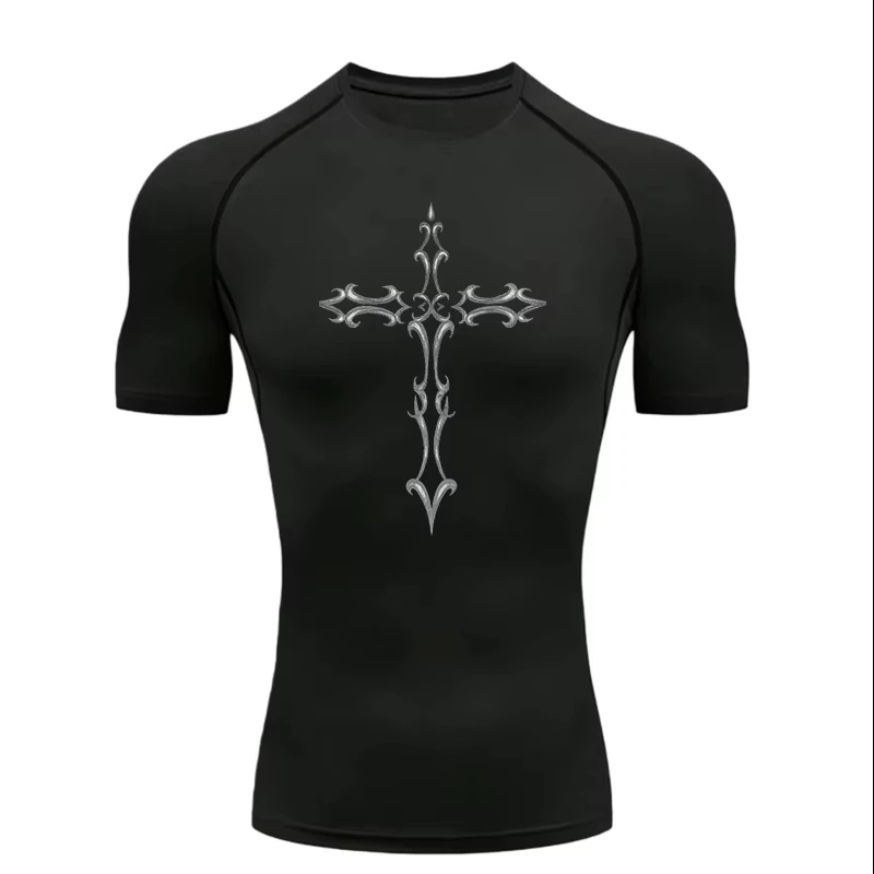 Vintage Cross Print Men's Sports T-shirt Training Fitness Compression Shirt Gothic Pattern Sport T-Shirt Gym Fitness