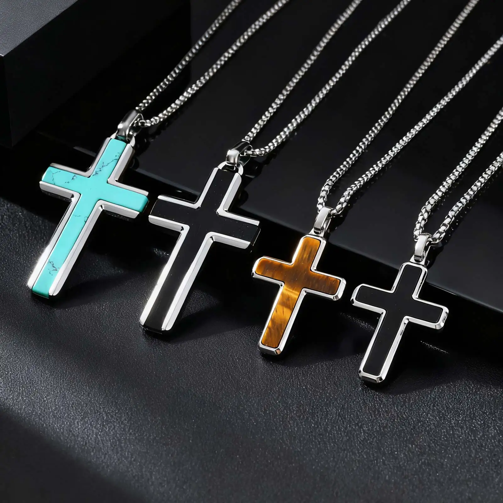 Classic Stainless Steel Cross Pendant Necklace, Turquoise Black Agate Tiger Eye Natural Stone Vintage Fashion Jewelry for Men