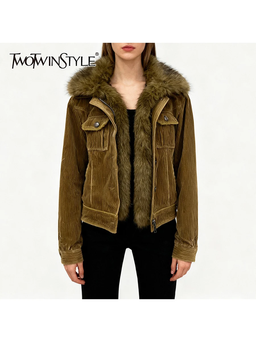 

TWOTWINSTYLE Solid Spliced Pockets Vintage Jackets for Women Lapel Long Sleeves Patchwork Fur Collar Fashion Jacket Female New