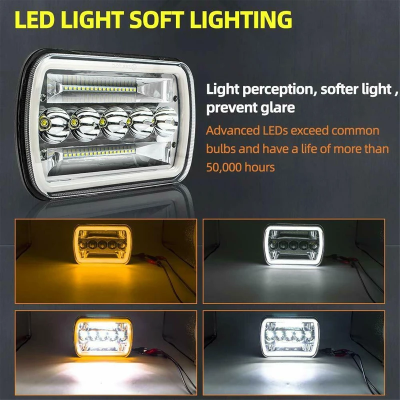 Square 7inch Headlights 5X7 With Aperture Angel Eye Dual Color Hi-Low Beam Lamp For Jeep Wrangler Off-road Truck DRL headlights