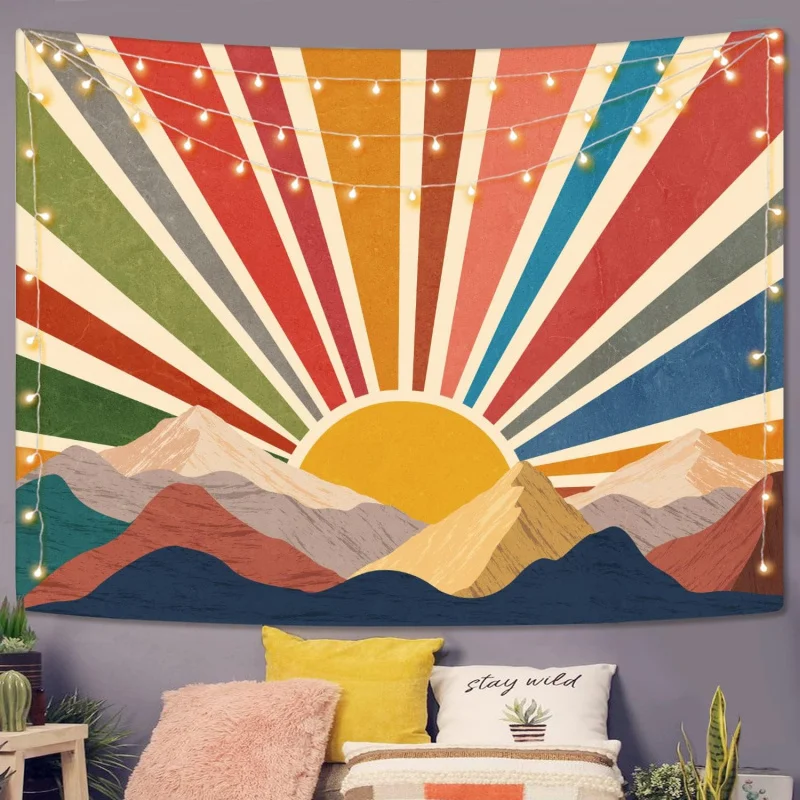 

Vintage Sunshine Tapestry Classroom Rainbow Bohemian 70s Sunset Wall Mounted Aesthetic Living Room Dormitory 50x60