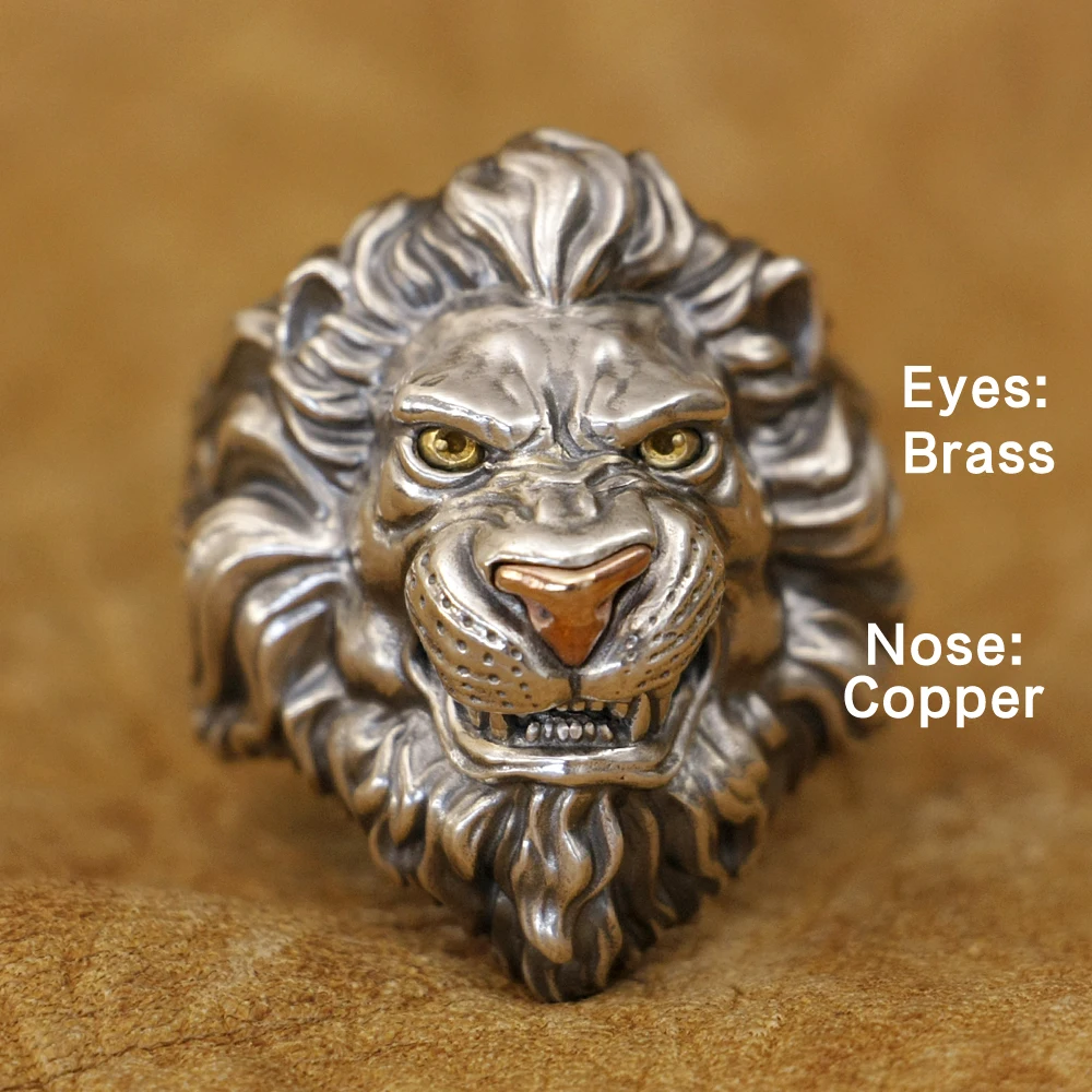 925 Sterling Silver King of Lion Ring Brass Eyes Copper Nose TA431 US Size 8~16