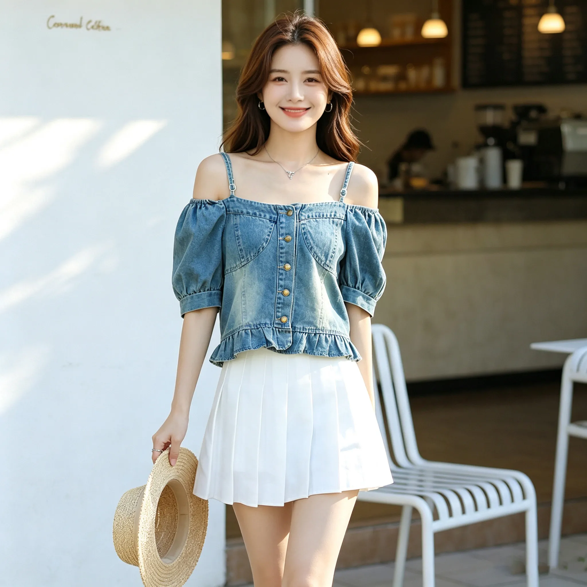 Summer Women Fashion Sling Design Off Shoulder Slim Thin Denim Jacket Square Collar Puff Sleeve Female Short Jeans Jacket Coat