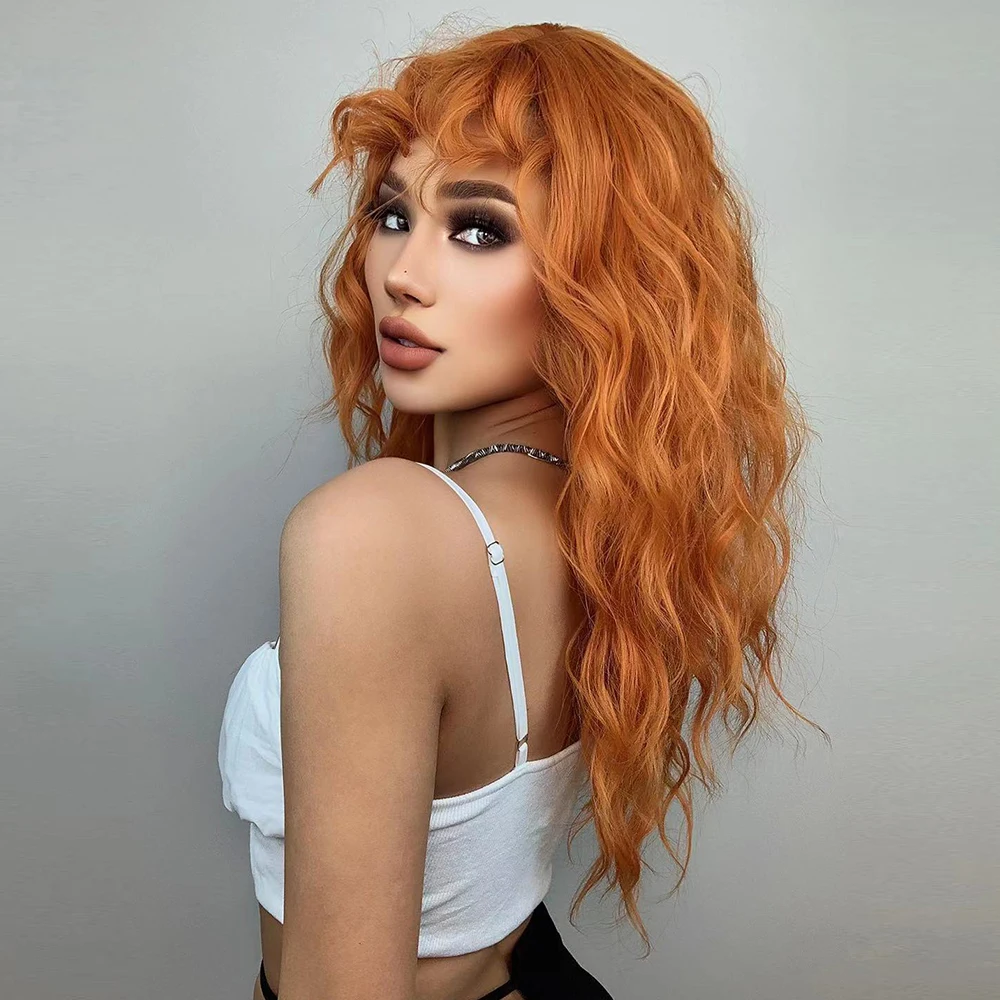 HENRY MARGU  Long Wavy Natural Pure Orange Synthetic Wigs with Bang Hair Wig for Women Daily Cosplay Christmas Party Lolita Wigs