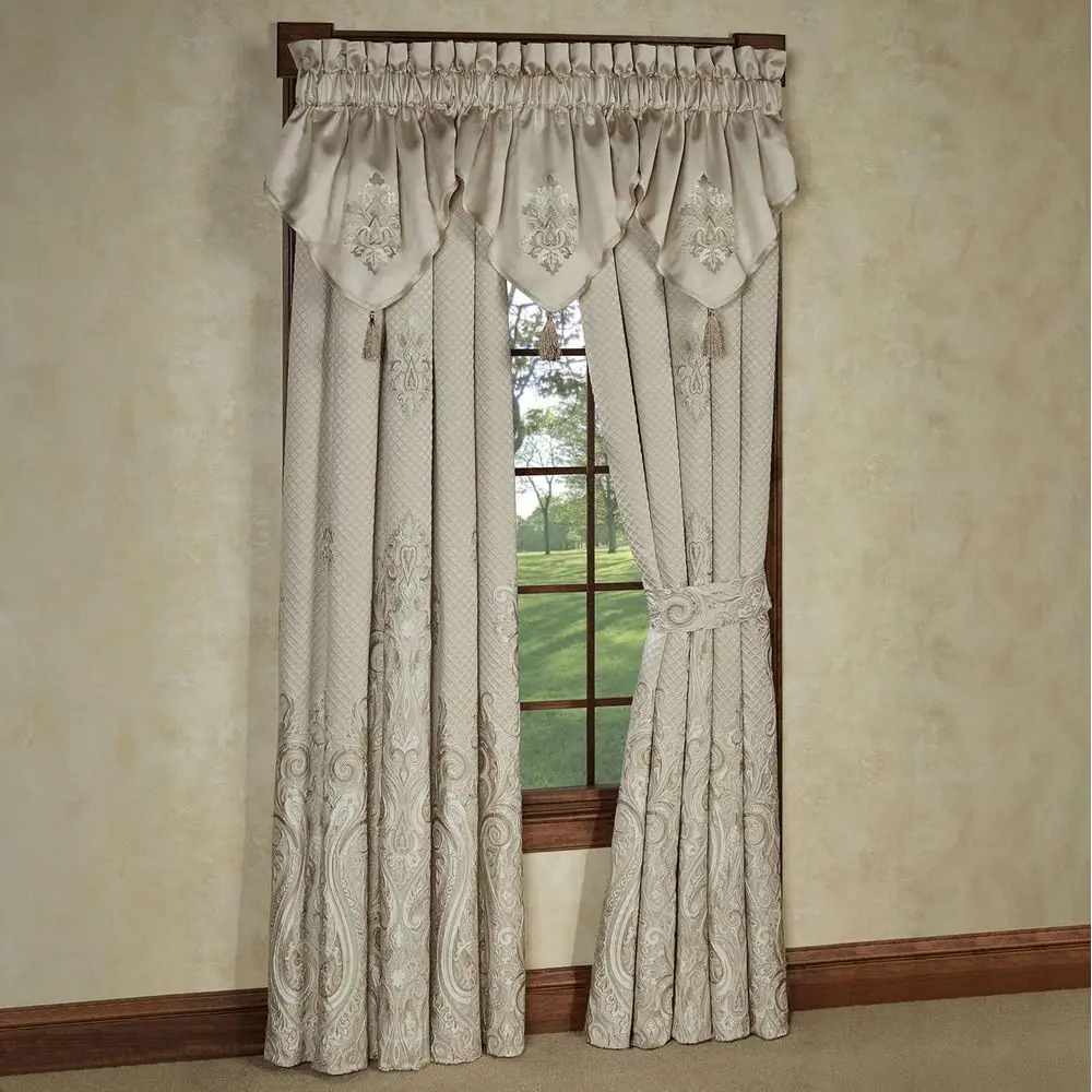 

Elegant Neutral-Toned Window Treatments: Woven Scrollwork & Medallions with Tasseled Valances & 95L Curtain Pair