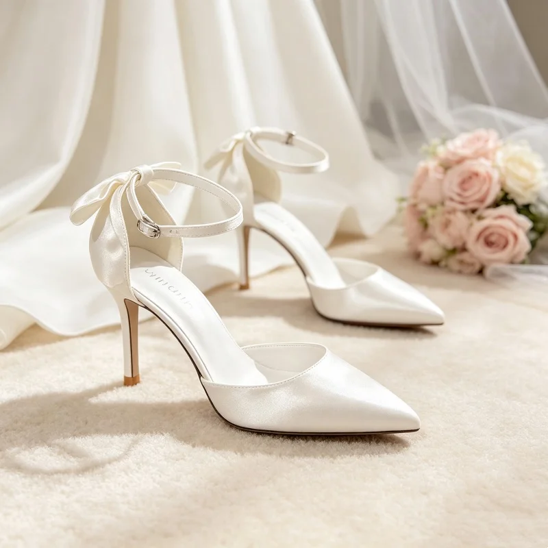 Women White Satin Pointed Toe Bridal Pumps Chic Bow Embellishment Large Size Wedding High Heels