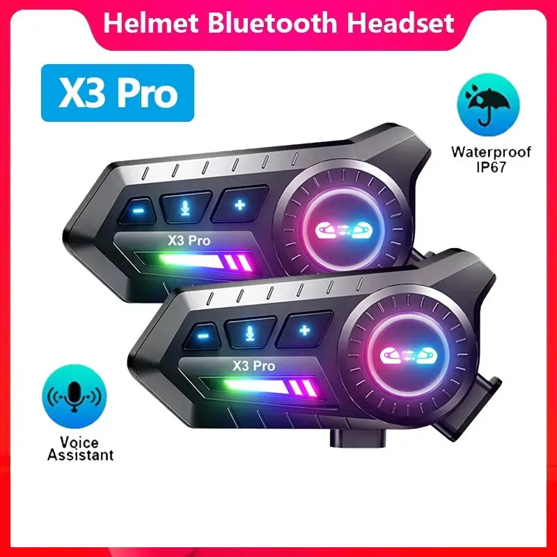 

Мотоциклетная Bluetooth-гарнитура X3 Pro для 2 райдеров, интерком, 1000 м, BT6.0, IPX6, водонепроницаемая, голосовой помощник, шумоподавление, FM-радио