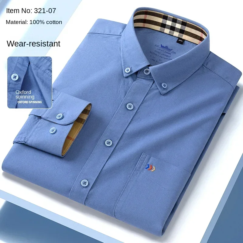 Oxford 100% cotton double-color collar long-sleeved shirt embroidered pocket-free cotton men casual shirt upscale gift wholesale