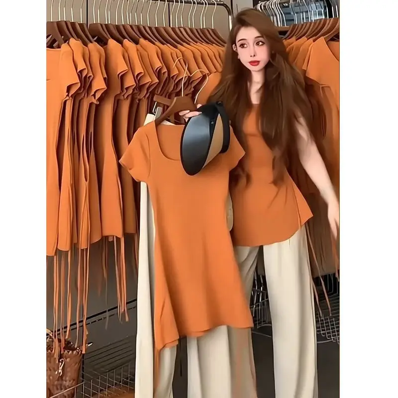 

Summer 2026 Women's High Waist Straight Leg Pants Set with Belt Orange Color System Slimming Effect Casual T-irt Top