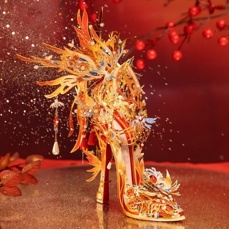 DIY 3D Metal Puzzle Red Crystal Shoes High Heel Miniature Model Kits Assembly Jigsaw for Friends Birthday Gifts Home Decor