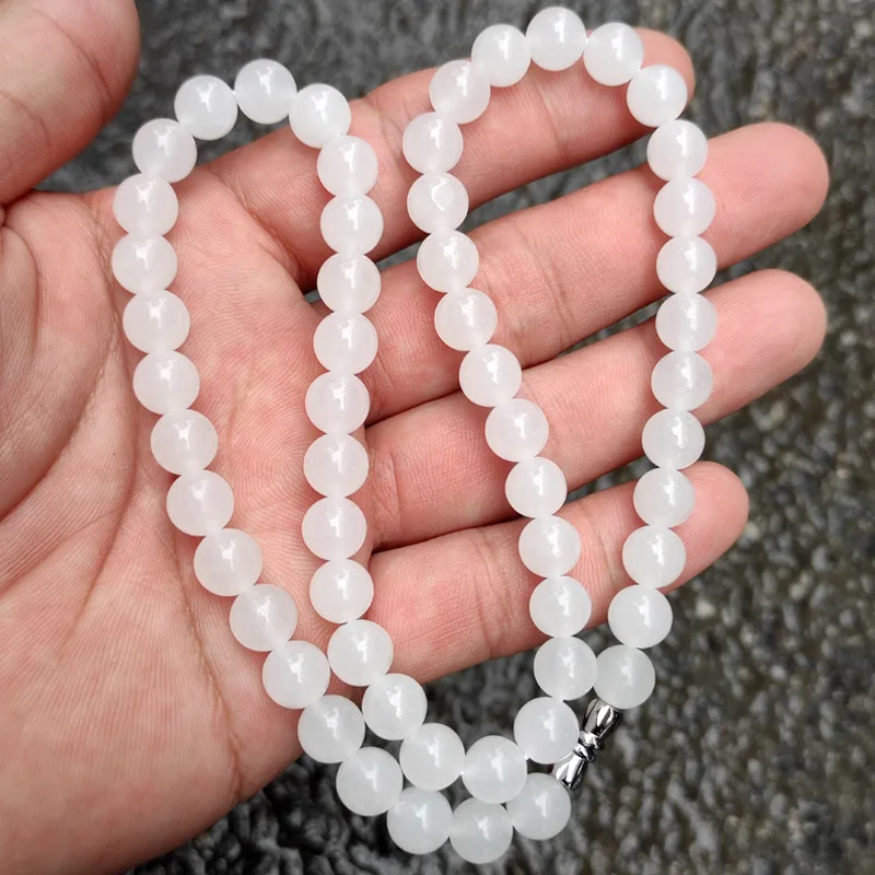 Natural Hetian Card 8 Sheep Fat White round Beads Jade Women's Clavicle Chain Necklace