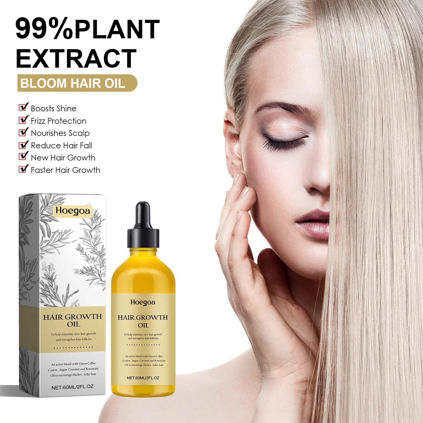 HOEGOA 60mL Hair Growth Oil Effectively Strengthens Hair Reduces Hair Loss And Breakage Promotes New Thick Hair Growth Hair Oils
