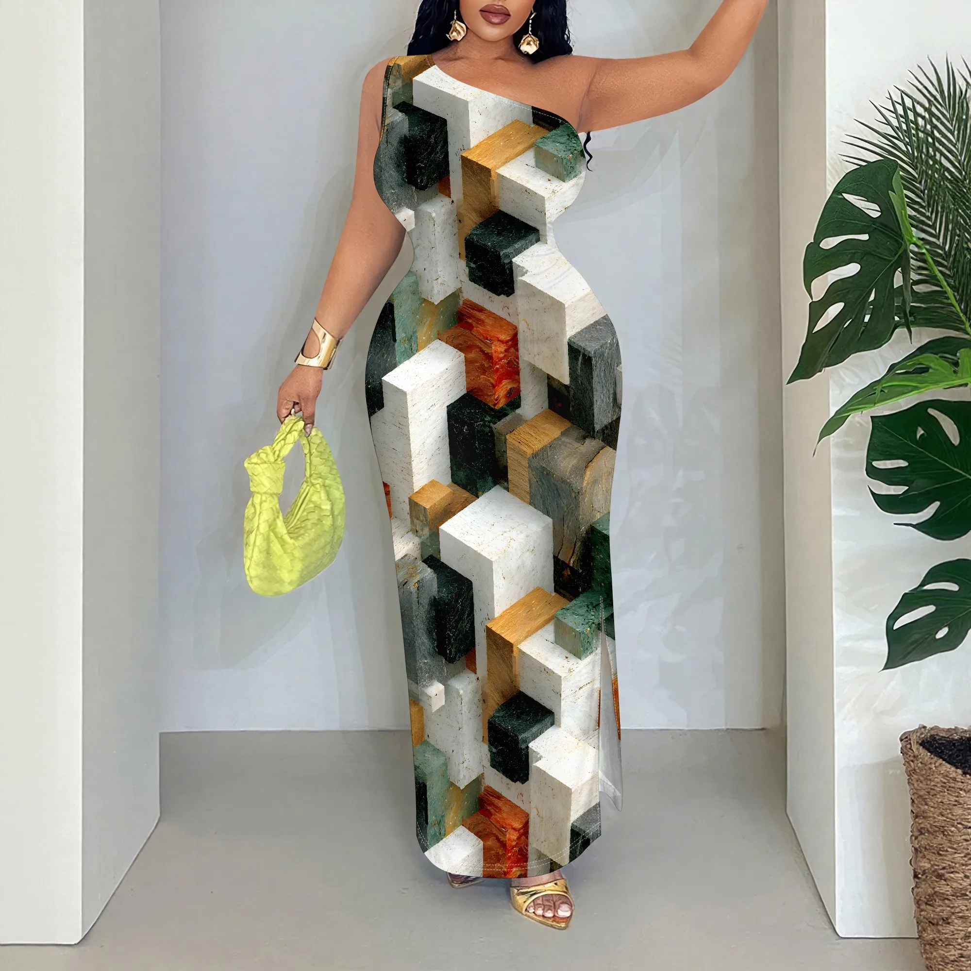 3D Geometric Print Strapless Maxi Dress, Abstract Block Pattern Sundress, Sleeveless Off Shoulder Party Gown for Women, S-2XL
