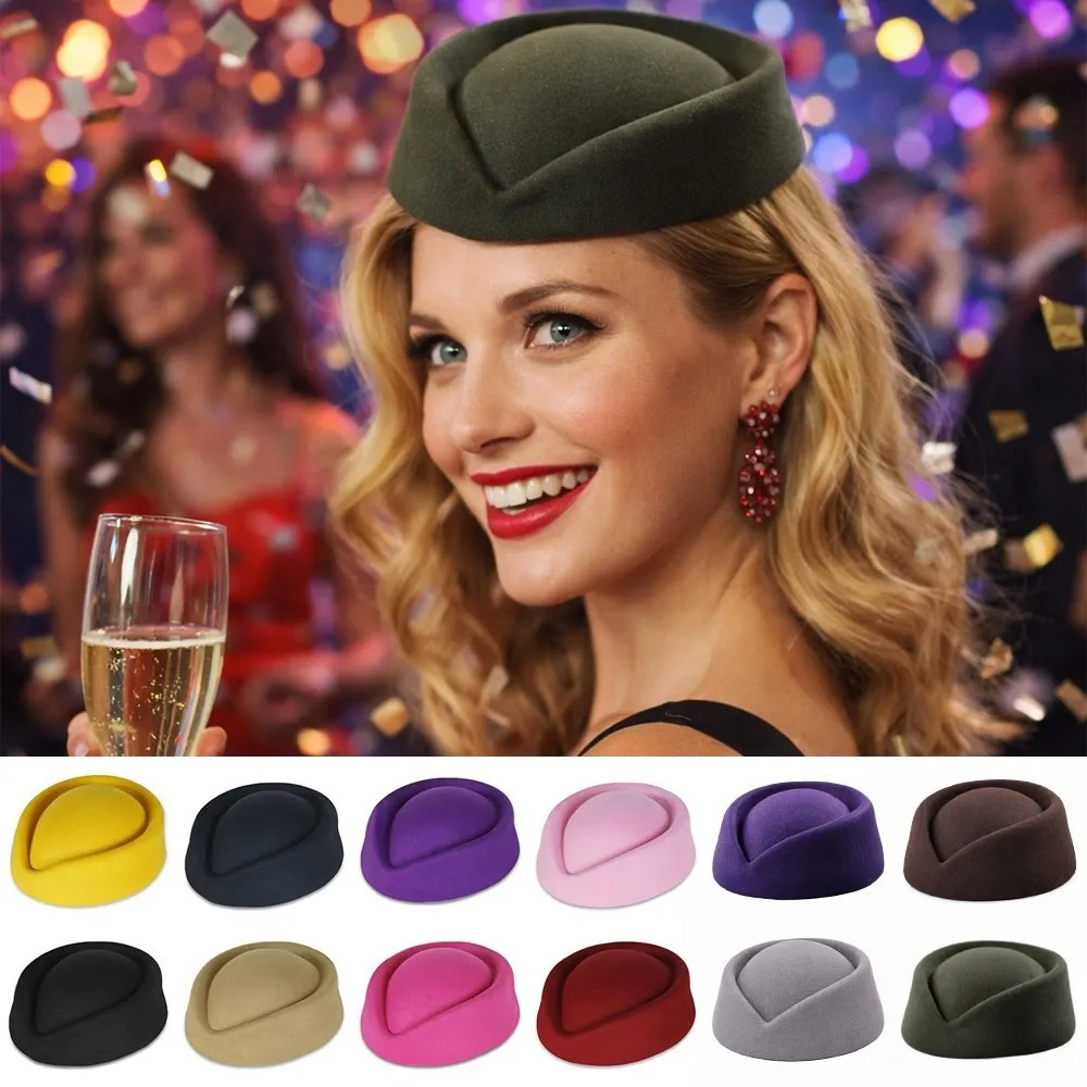 New British Retro Top Hats Solid Formal Felt Beret Concave Top Flight Attendant Hat Women Headwear