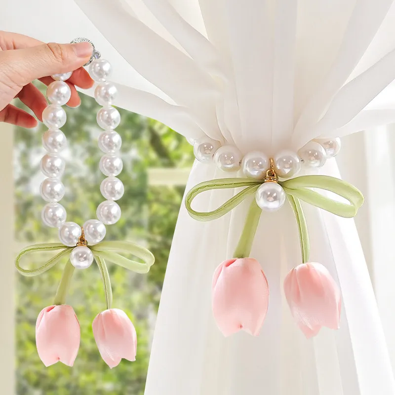 Light Luxury Tulip Magnetic Pearl Curtain Buckle Strap French Simple Gauze Curtain Strap Pendant Tie Strap Collapse Clip Decor
