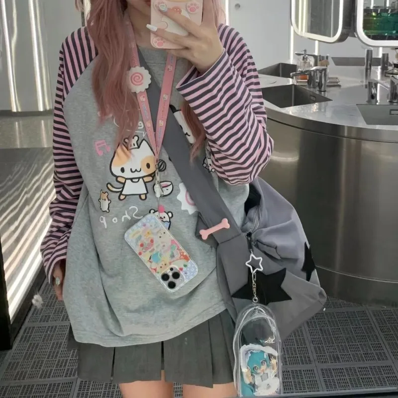 Cute Panda Cat Print Kawaii Clothes Striped Raglan Sleeve T-shirt Round Neck Tee for Girls Y2k Cuteore Women's Long Sleeve Top