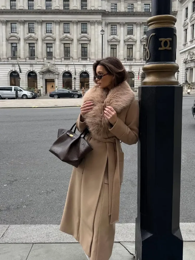 

Camel Colored Fur Collar Woolen Coat Lady Single Button Solid Color Lace Up Pocket Loose Jacket Daily Commuting Street Outerwear