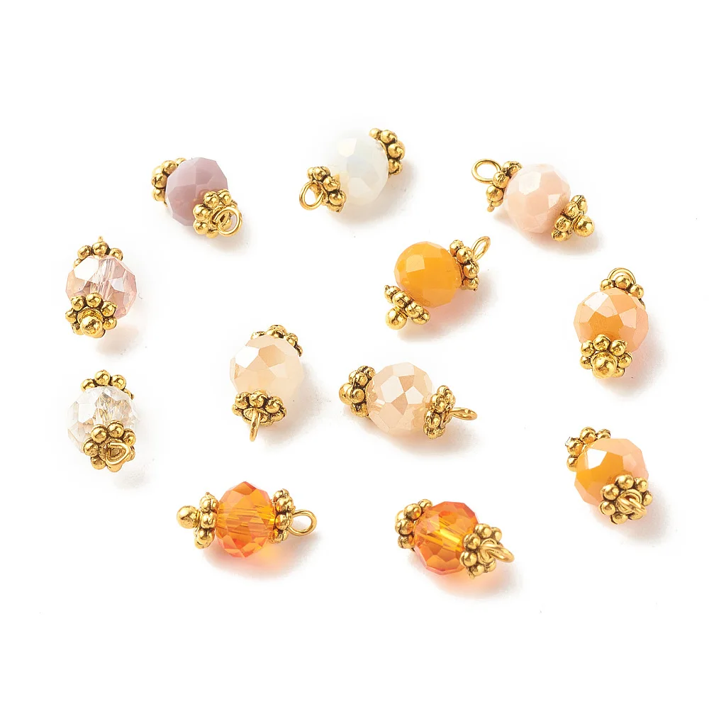 Generic 100Pcs Faceted Pendant Ornament Glass Pendant with Golden Brass Findings Faceted Rondelle Charms for Women DIY Jewelry