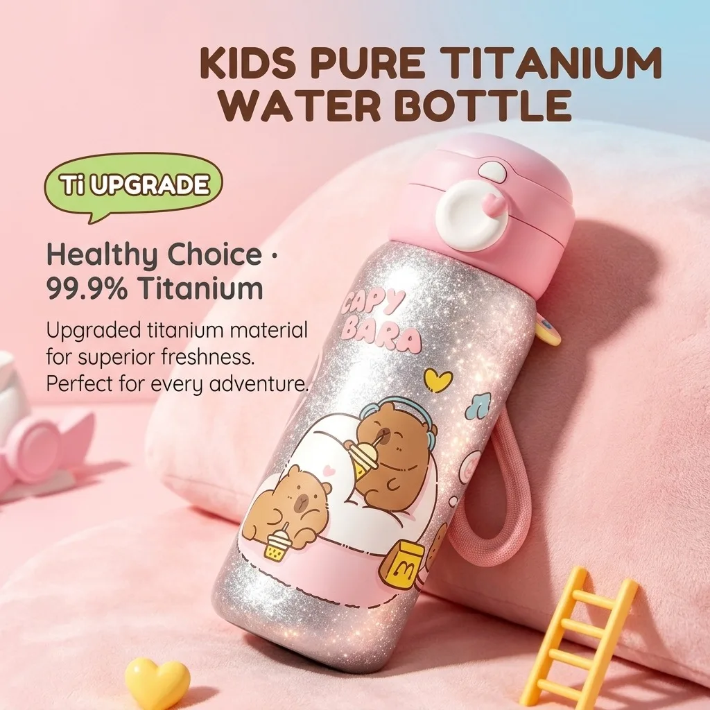 Kids Titanium Water Bottle Insulated Thermos with Double Drink Lid Anti Spill for School Travel