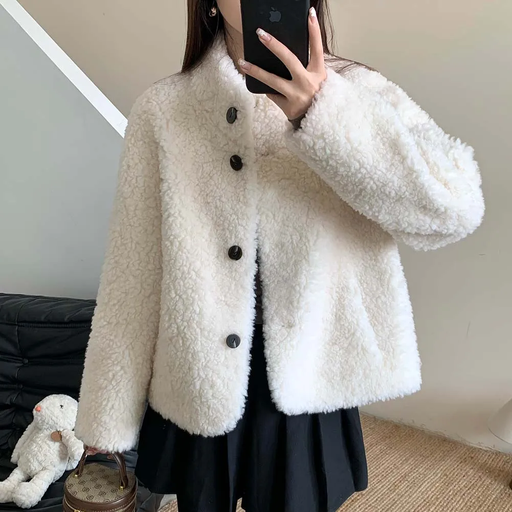 معاطف فرو صوف الضأن الكورية للنساء بأكمام طويلة سترة عتيقة لخريف وشتاء كل مباراة سميكة ودافئة ملابس خارجية Preppy