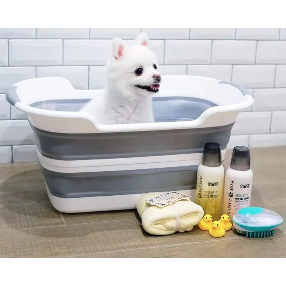 Verbesserte zusammenklappbare Haustierbadewanne mit Abfluss und Haarsammler für einfaches Baden und Duschen, tragbar und vielseitig einsetzbar, 7,1 g