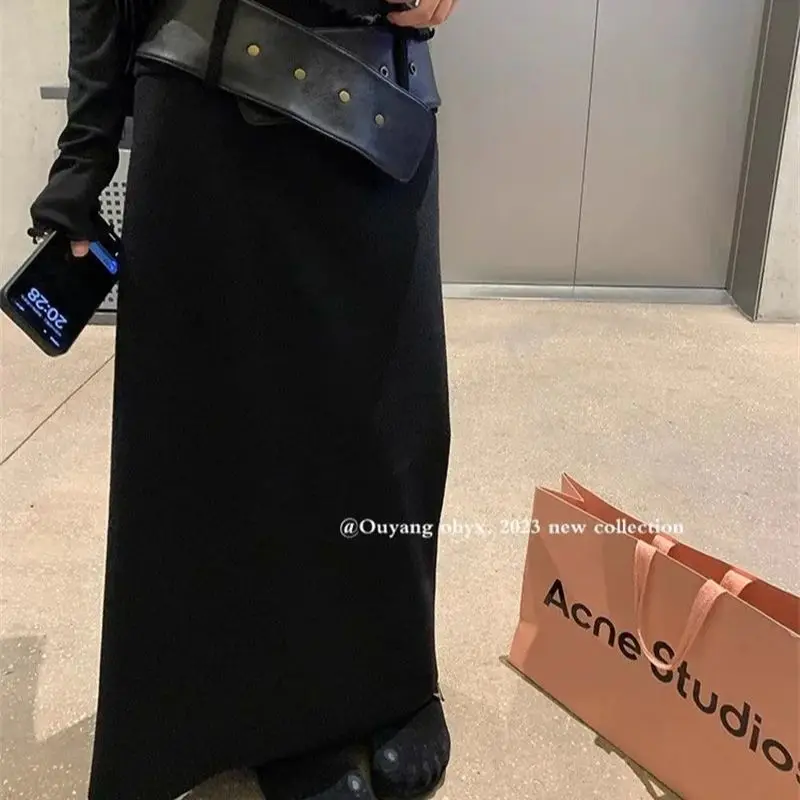 กระโปรงยาวแฟชั่นเกาหลี ฤดูใบไม้ร่วง ฤดูหนาว เอวสูง สีพื้น เรียบง่าย สไตล์ลำลอง พร้อมเข็มขัดสีดำ ผ้าขนสัตว์ กระโปรงทรงตรง รุ่น Y2k