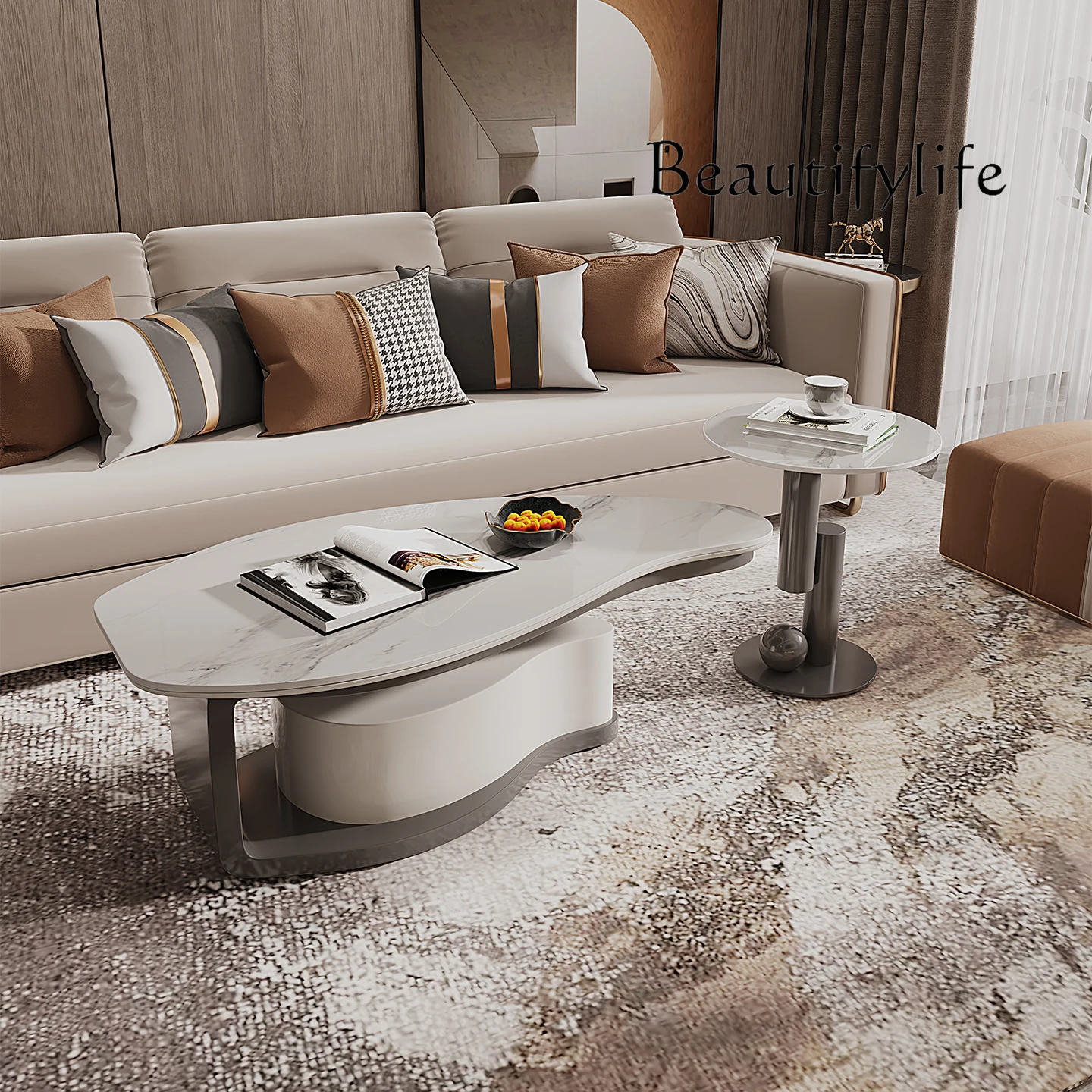 

New Italian leaf rock slab coffee table living room household small apartment irregular light luxury high sense