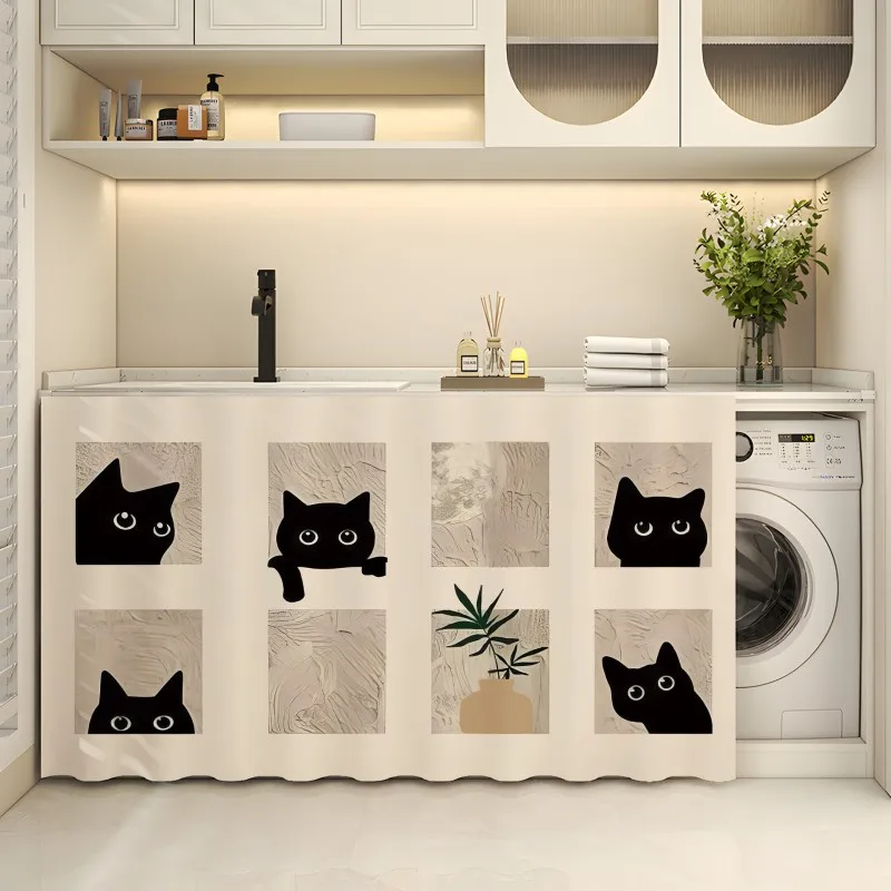 VIKAMA Cream Textured Checkered Black Cat Cabinet Cover, Dust-Proof, No Drilling Required, Washable Fabric Cover, Home Decor