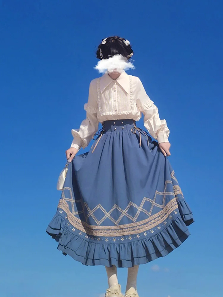 Sweet and Elegant Lady Lolita High Waist Skirt Sets Women Outfits Lolita Pointed Neck Ruffled Bubble Sleeves White Shirt image 3