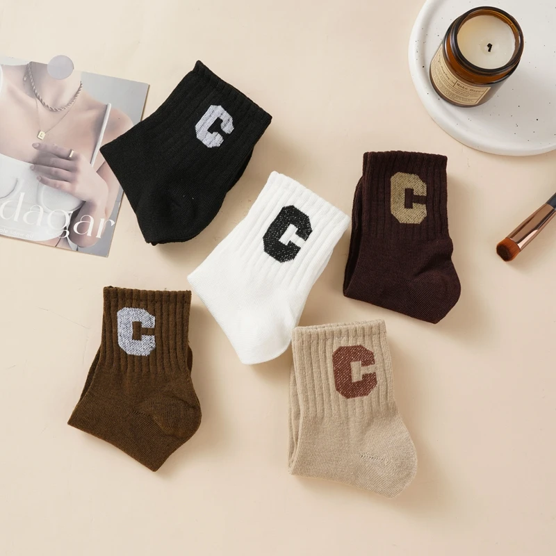 New Autumn Children's Mid-Tube Socks Letter Style Fashionable Brown Series Breathable Soft Skin-Friendly Casual Sports Socks