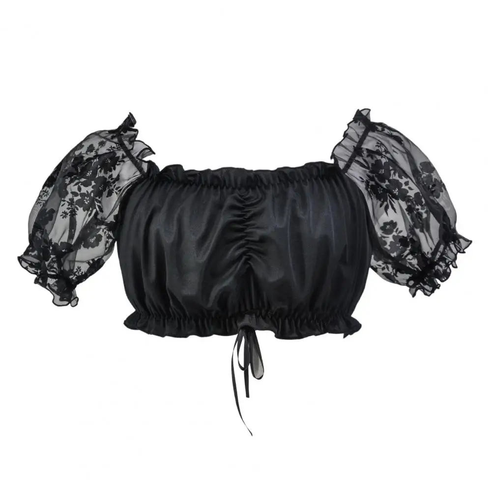 

Lace Trim Puff Sleeve Blouse Oktoberfest Women's Lace Puff Sleeve Tops Off Shoulder Beer Skirt Style Shirt Short Crop Summer