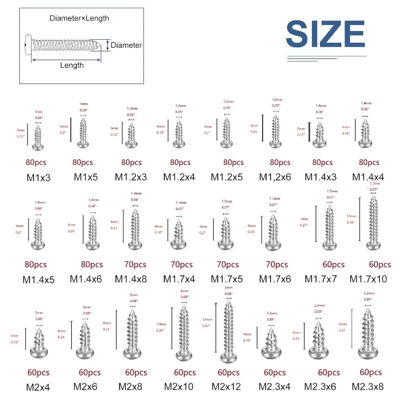 For 1680PCS/box, mini self-tapping screw set (M1 -- M2.3) for glasses repair, etc