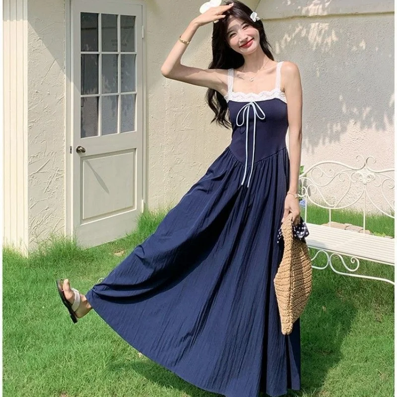 Damen Spitzen-Slip-Maxikleid mit Spitzenbesatz und Quadratischem Ausschnitt Sommer-Urlaubskleid Bequemes Alltagskleid