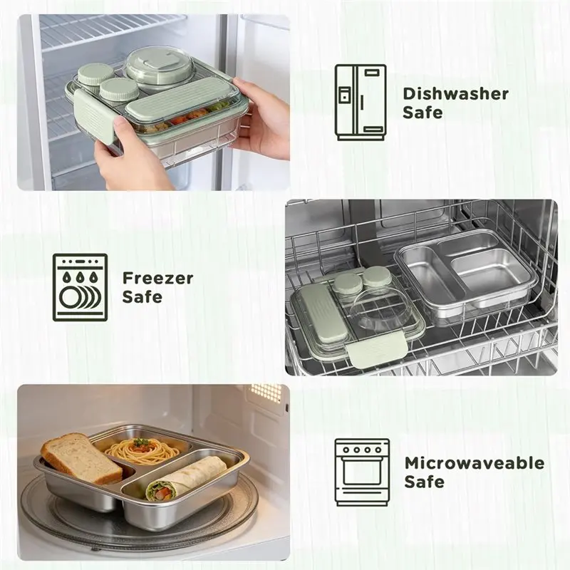 [NEW!A93G】 Stainless Steel Bento Box With 8Oz Insulated Food Jar, Leak-Proof Metal Lunchbox Set With Sauce Cup For Kids Adults