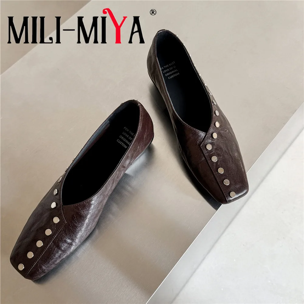 MILI-MIYA Women's Square-Toe Lambskin High-Heel Shoes Casual Comfortable Chunky Heel Studded Decorated Low-Cut Slip-On Pumps