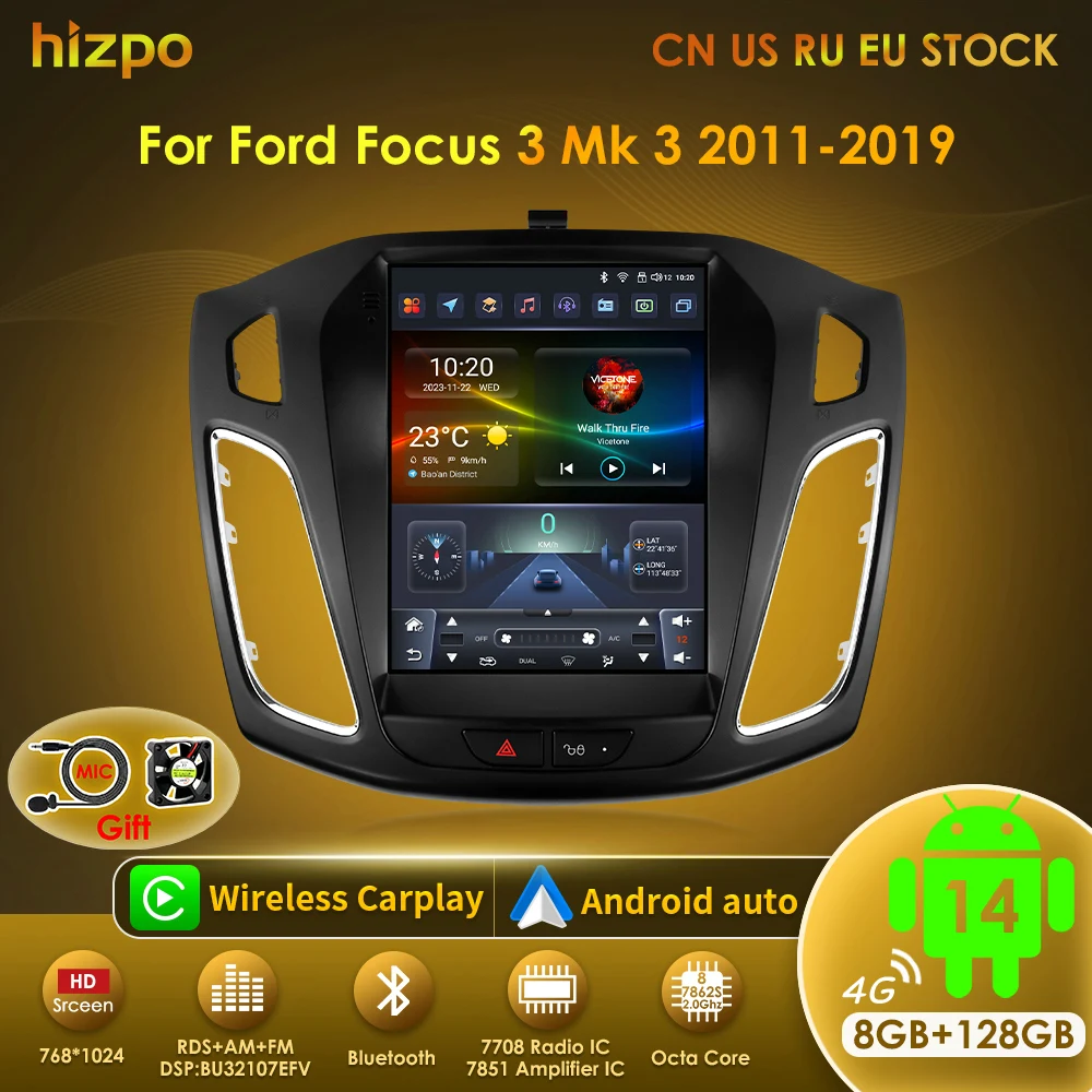 Radio para Auto Hizpo de 9.7 Pulgadas para Ford Focus 3 Mk 3 2011 2012 - 2019, Reproductor Multimedia Android 14 de 2 Din, Reproductor de Video 2Din, Estéreo para Auto con Carplay