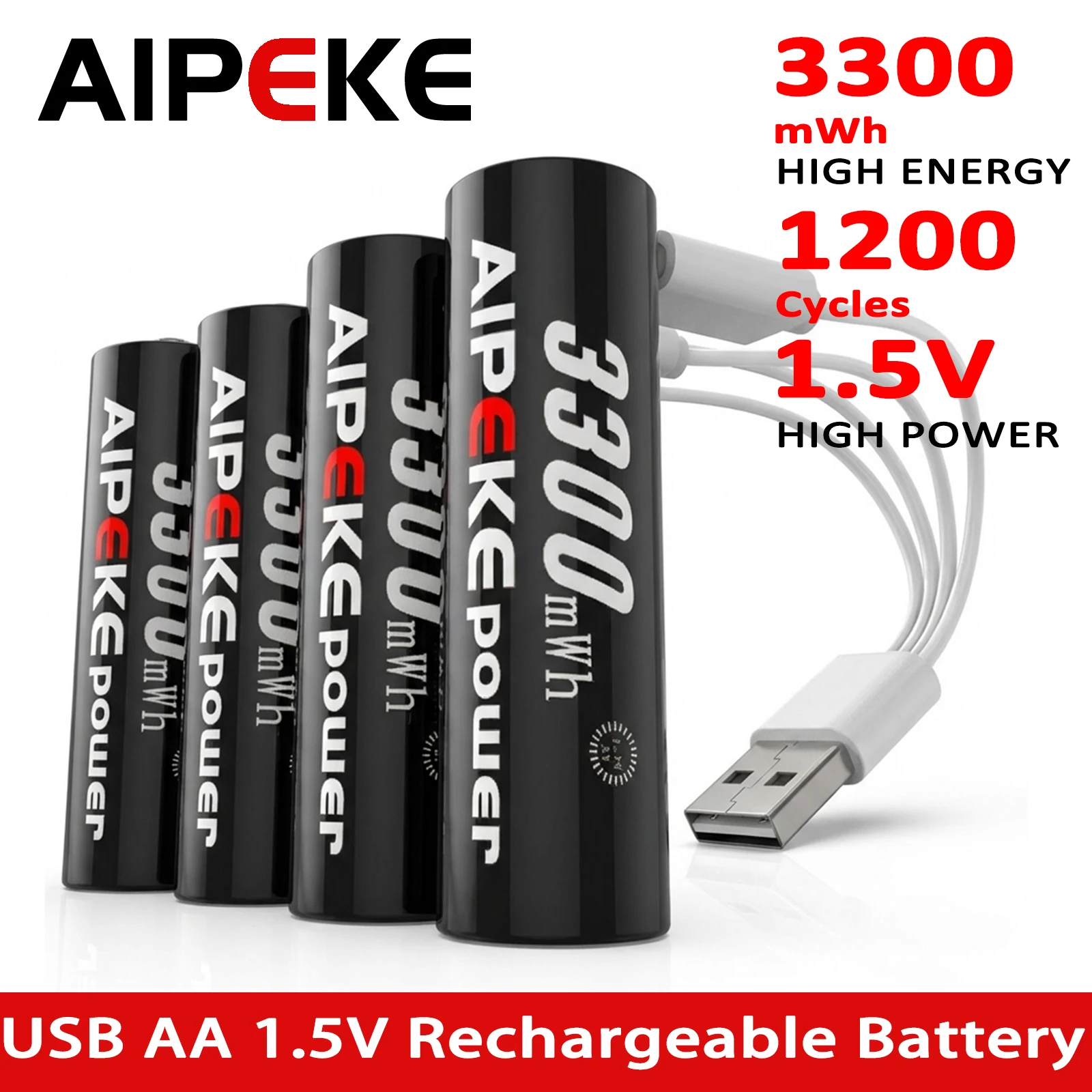 AIPEKE 1.5V AA Rechargeable Batteries 3300mWh and 1.5V AAA 1000mWh Lithium Battery USB Type-C Port Charging Be Reused 1200 Times