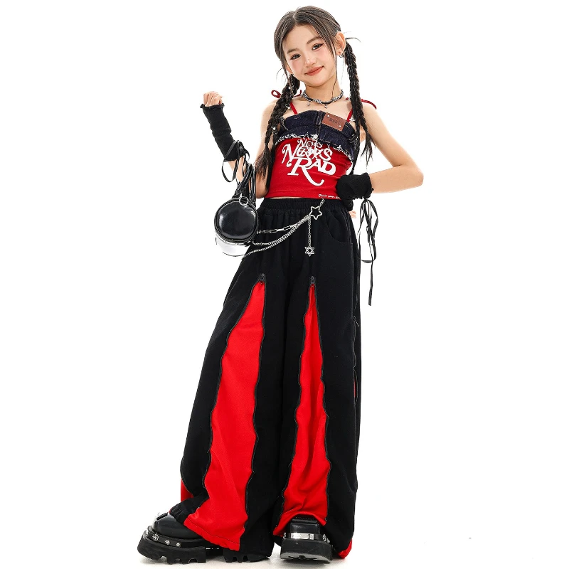 Mädchen Kpop Hip Hop Kleidung Denim Red Lace Up Crop Tank Top Casual Reißverschluss Breite Bein Hosen Tanz Kostüme Gruppe Streetwear Kleidung